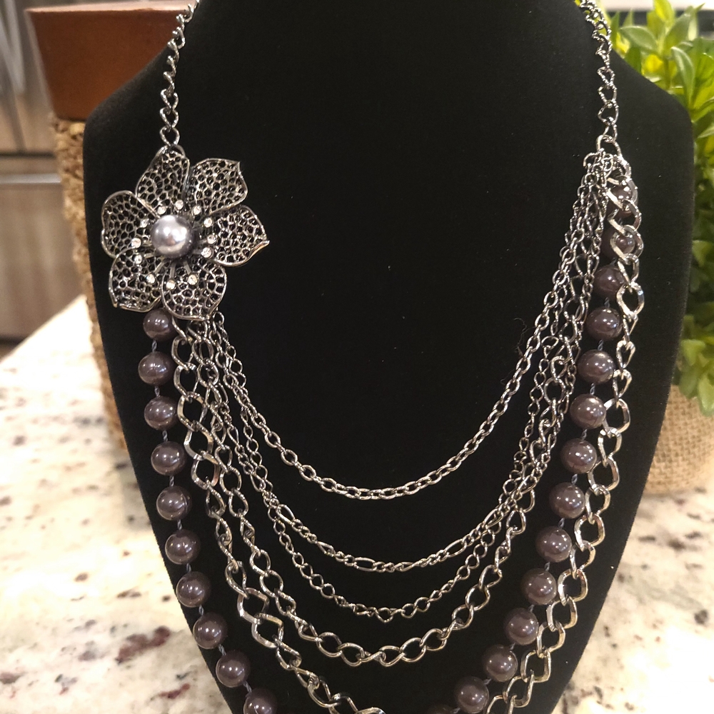 Silver and Gray Floral Necklace
